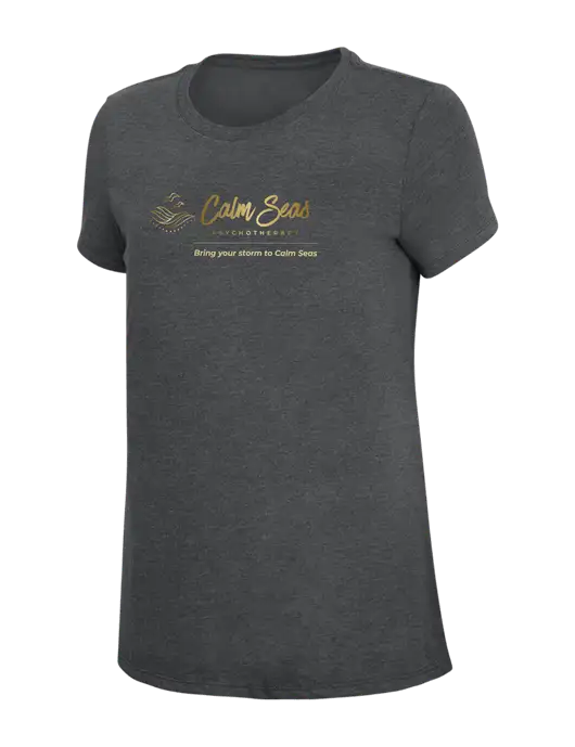 Womens Simply Soft Charcoal 4.5oz Poly/Combed Ring Spun Cotton T-Shirt w/Calm Seas Psychotherapy Logo