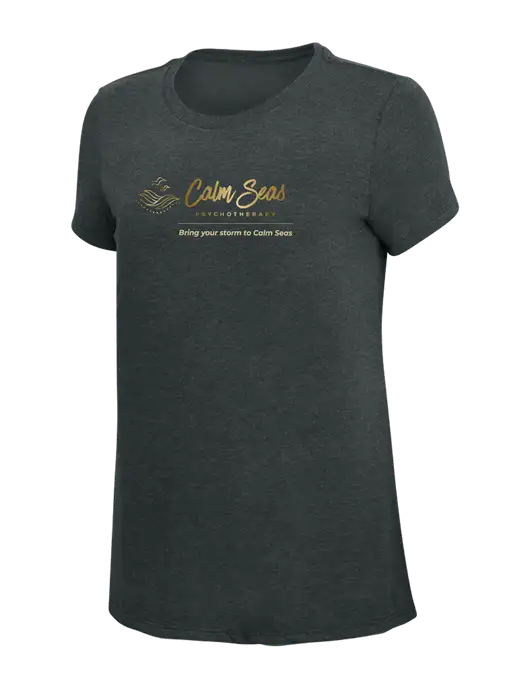 Womens Simply Soft Black Frost 4.5oz Poly/Combed Ring Spun Cotton T-Shirt w/Calm Seas Psychotherapy Logo