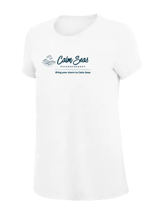 Womens Simply Soft White 4.5oz Poly/Combed Ring Spun Cotton T-Shirt
 w/Calm Seas Psychotherapy Logo