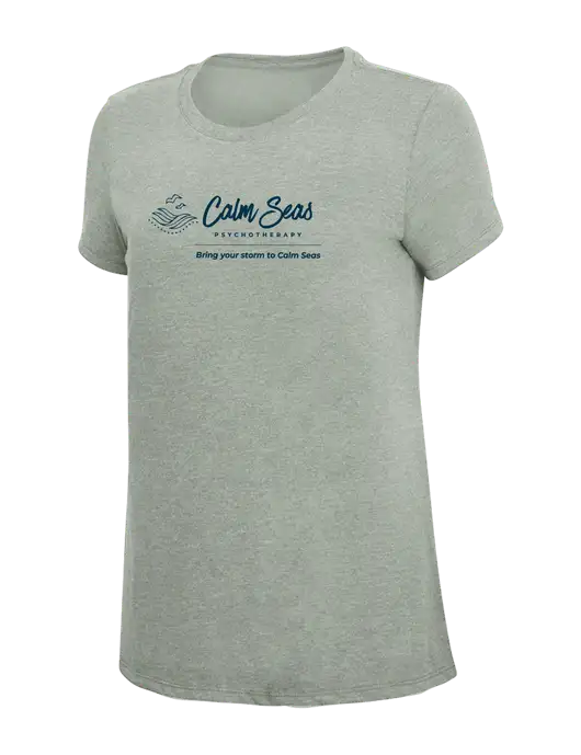 Womens Simply Soft Heathered Light Grey 4.5oz Poly/Combed Ring Spun Cotton T-Shirt w/Calm Seas Psychotherapy Logo