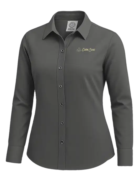 Brooks Brothers Womens Dark Grey Wrinkle-Free Stretch Nailhead Shirt w/Calm Seas Psychotherapy Logo
