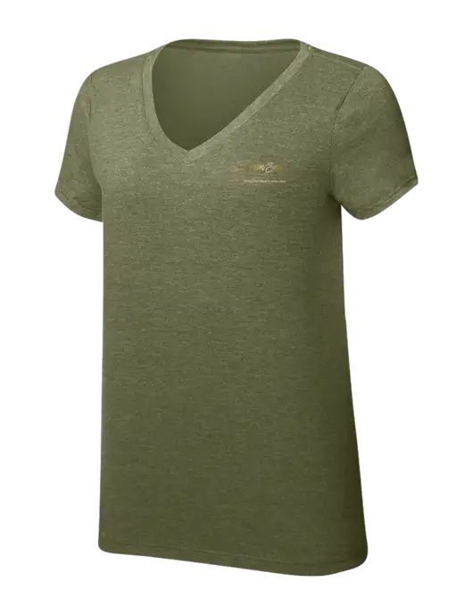 Womens Simply Soft V-Neck Military Green Frost 4.5oz  Poly/Combed Ring Spun Cotton T-Shirt w/Calm Seas Psychotherapy Logo
