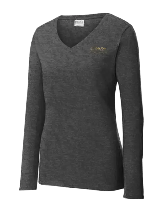 Womens  V-Neck Ring Spun Dark Heather Grey 4.5 oz Long Sleeve T-Shirt w/Calm Seas Psychotherapy Logo
