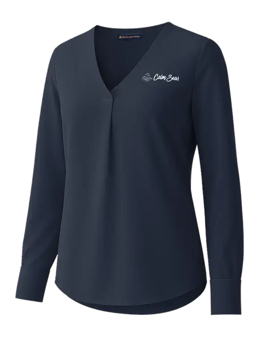 Brooks Brothers Womens Dark Navy Open-Neck Satin Blouse  w/Calm Seas Psychotherapy Logo