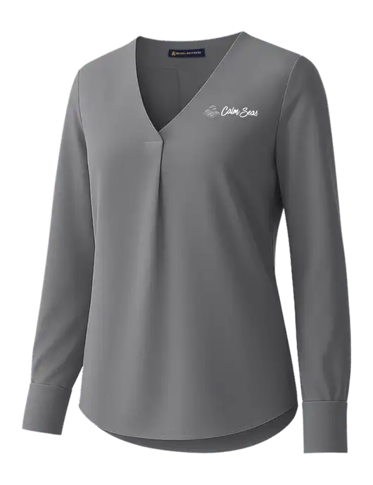 Brooks Brothers Womens Medium Grey Open-Neck Satin Blouse  w/Calm Seas Psychotherapy Logo