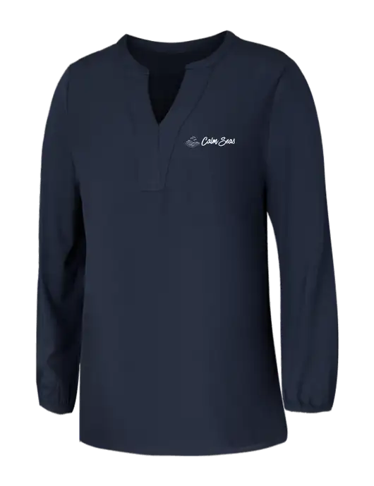 Mercer+Mettle Womens Navy Stretch Crepe 3/4 Sleeve Blouse w/Calm Seas Psychotherapy Logo