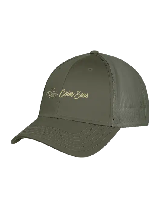 Olive Mesh Trucker Cap Snap Back w/Calm Seas Psychotherapy Logo
