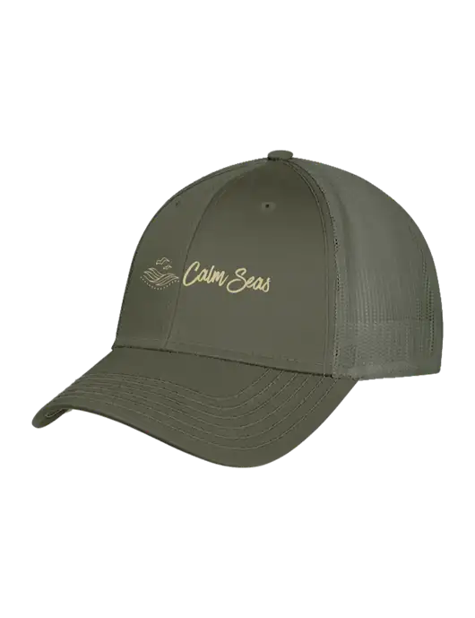 Olive Green Mesh Trucker Cap Snap Back w/Calm Seas Psychotherapy Logo