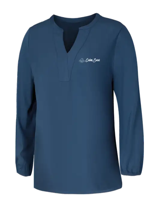 Mercer+Mettle Womens Light Navy Blue Grey Stretch Crepe 3/4 Sleeve Blouse w/Calm Seas Psychotherapy Logo