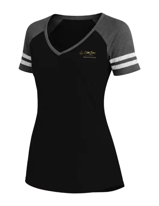 Womens Black/Charcoal Heather V-Neck Game Tee w/Calm Seas Psychotherapy Logo