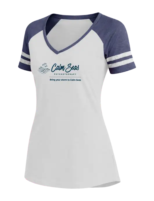 Womens White/Navy Heather V-Neck Game Tee w/Calm Seas Psychotherapy Logo