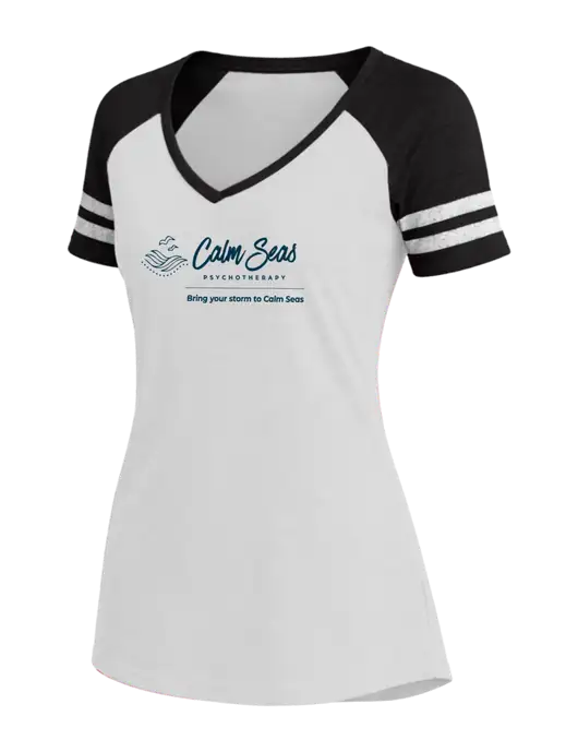 Womens White/Black V-Neck Game Tee w/Calm Seas Psychotherapy Logo