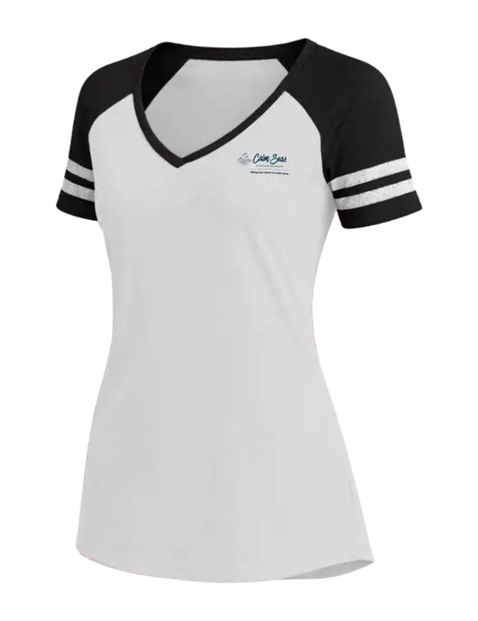 Womens White/Black V-Neck Game Tee w/Calm Seas Psychotherapy Logo