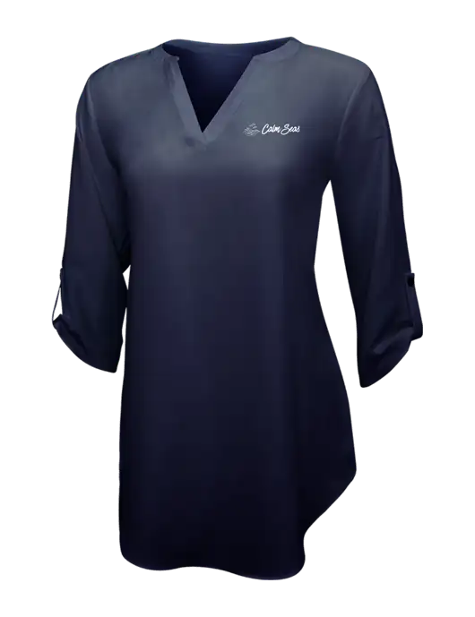 Navy Womens 3/4 Sleeve Tunic Blouse w/Calm Seas Psychotherapy Logo