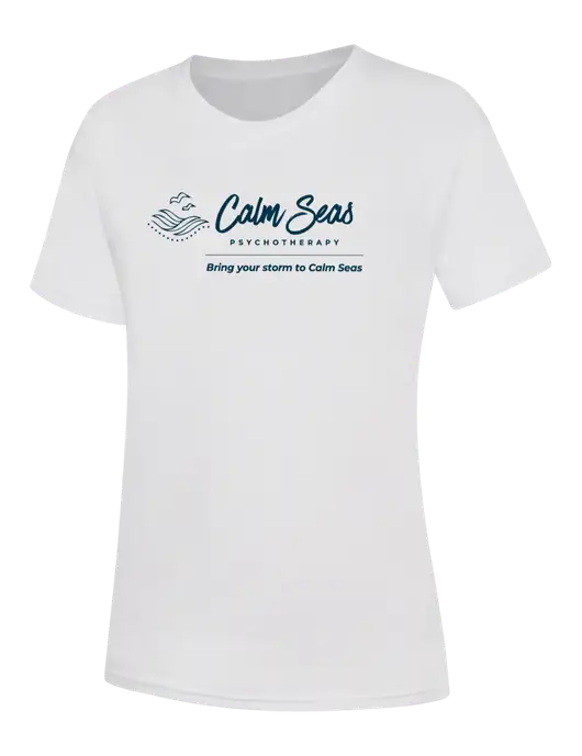 Womens White Core Blend Tee w/Calm Seas Psychotherapy Logo