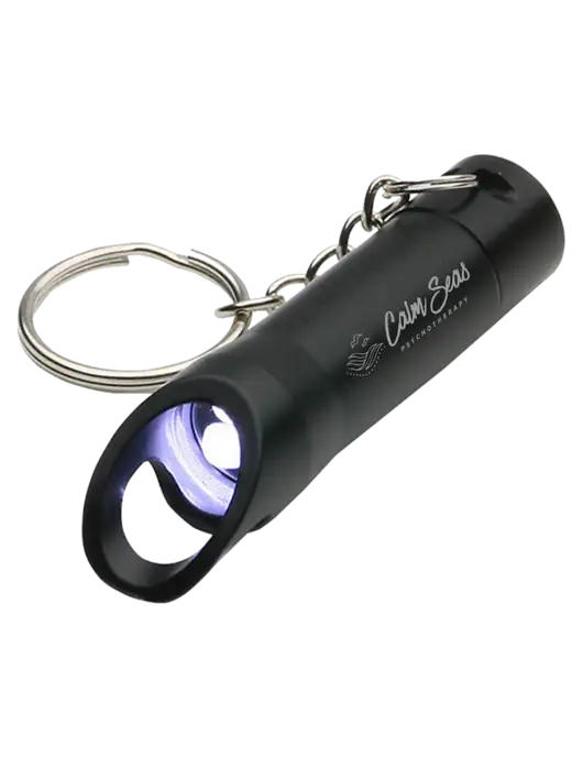 Black Pocket LED Flashlight with Bottle Opener & Keychain w/Calm Seas Logo