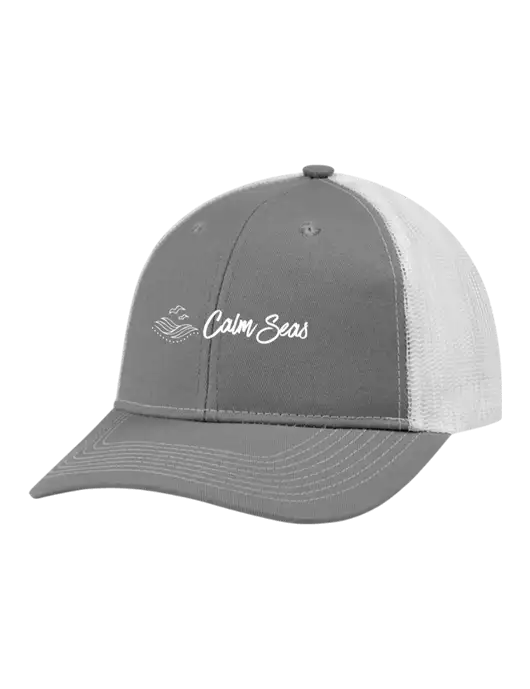 Snapback Ponytail Trucker Cap Light Medium Heather Grey w/White Mesh w/Calm Seas Psychotherapy Logo