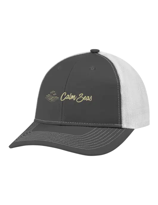 Snapback Ponytail Trucker Cap Dark Grey w/White Mesh w/Calm Seas Psychotherapy Logo