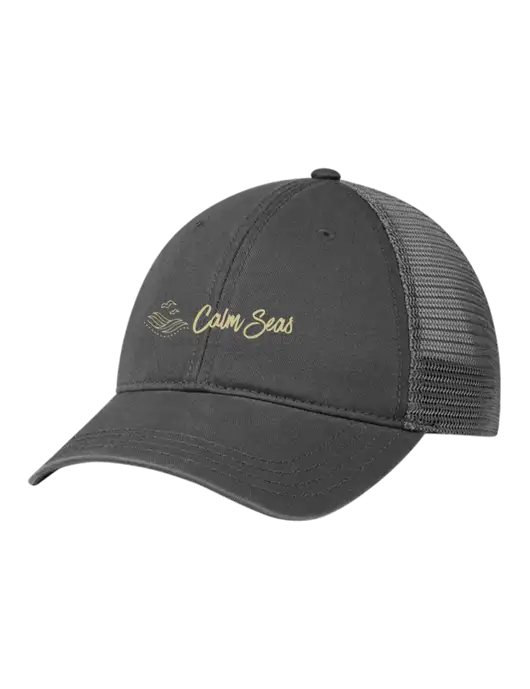Richardson 111 Garment Washed Trucker Cap Charcoal w/Charcoal Mesh w/Calm Seas Psychotherapy Logo