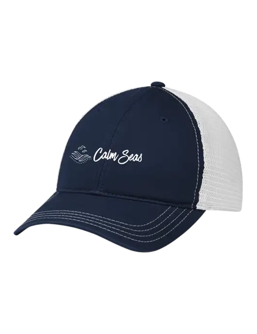 Richardson 111 Garment Washed Trucker Cap Navy w/White Mesh w/Calm Seas Psychotherapy Logo