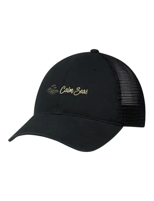 Richardson 111 Garment Washed Trucker Cap Black w/Black Mesh w/Calm Seas Psychotherapy Logo