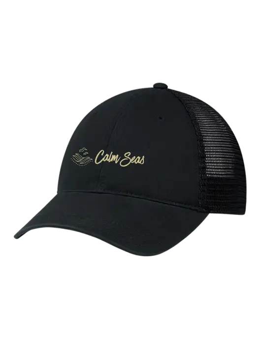 Richardson 111 Garment Washed Trucker Cap Black w/Black Mesh w/Calm Seas Psychotherapy Logo