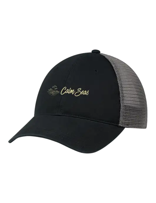 Richardson 111 Garment Washed Trucker Cap Black w/Charcoal Mesh w/Calm Seas Psychotherapy Logo