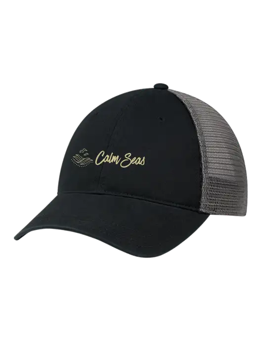 Richardson 111 Garment Washed Trucker Cap Black w/Charcoal Mesh w/Calm Seas Psychotherapy Logo
