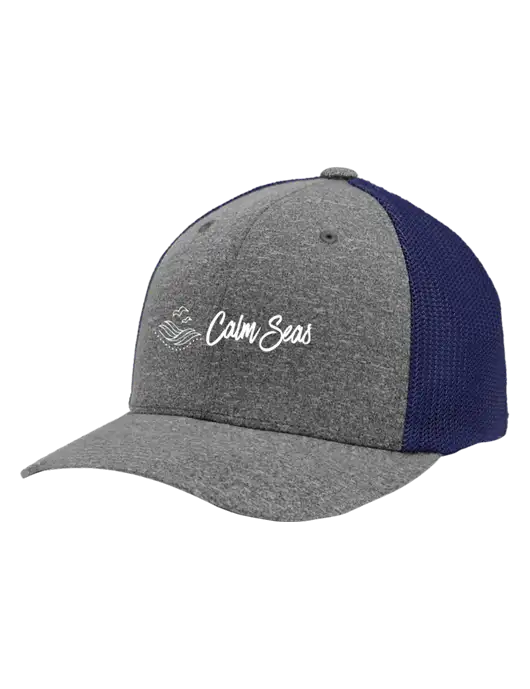 Flexfit Navy/Medium Grey Heather Melange Mesh Back Trucker Cap w/Calm Seas Psychotherapy Logo