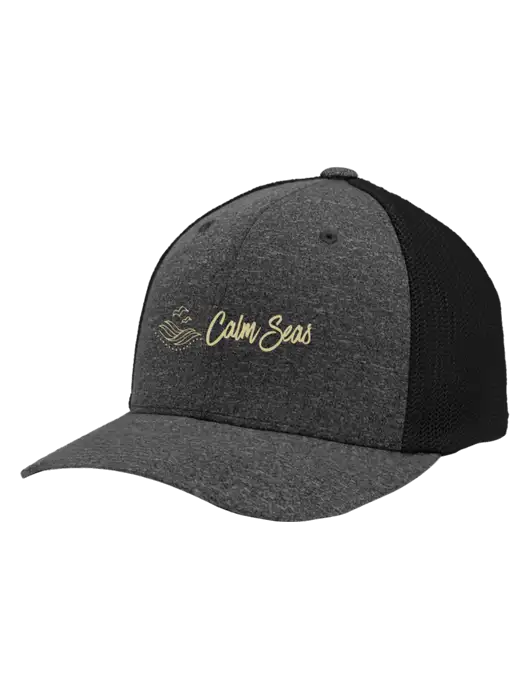 Flexfit Black/Dark Charcoal Heather Melange Mesh Back Trucker Cap w/Calm Seas Psychotherapy Logo