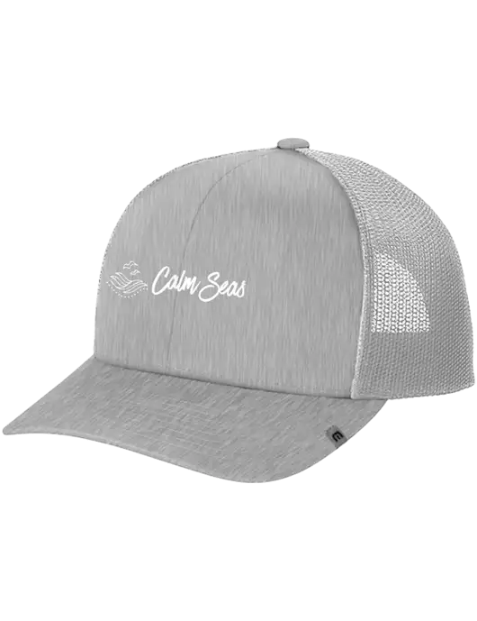 TravisMathew Light Medium Grey Heather Cruz Trucker Cap w/Calm Seas Psychotherapy Logo