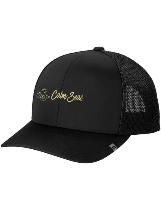 TravisMathew Black Cruz Trucker Cap w/Calm Seas Psychotherapy Logo