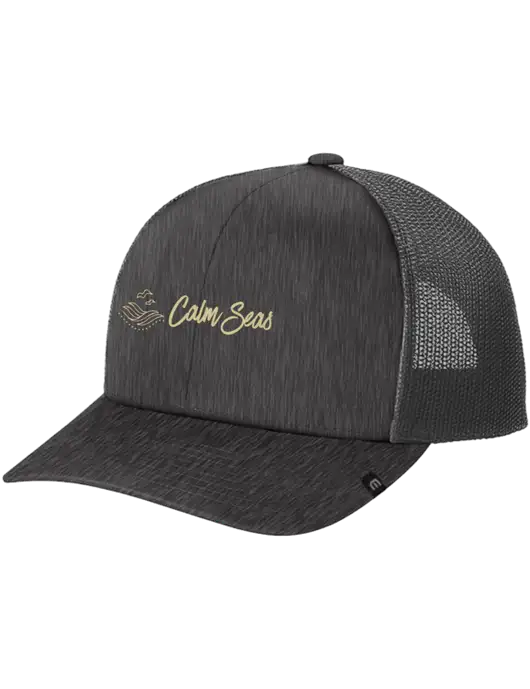 TravisMathew Very Dark Grey Heather Cruz Trucker Cap w/Calm Seas Psychotherapy Logo