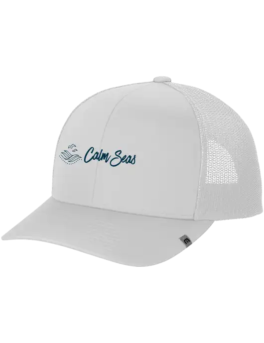 TravisMathew White Cruz Trucker Cap w/Calm Seas Psychotherapy Logo