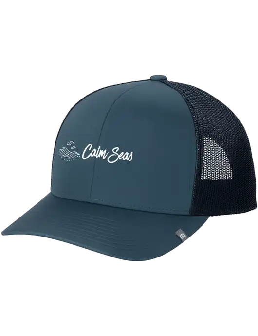 TravisMathew Dark Slate Blue Cruz Trucker Cap w/Calm Seas Psychotherapy Logo